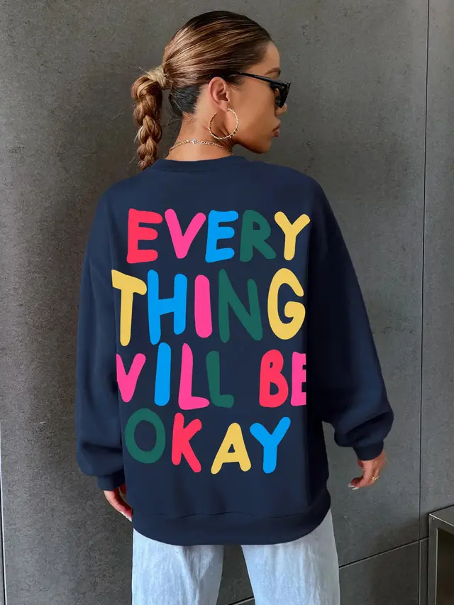 Everything Will Be Okay Letter Printed Womans Sweater Navy Blue - Shop at LoveMi