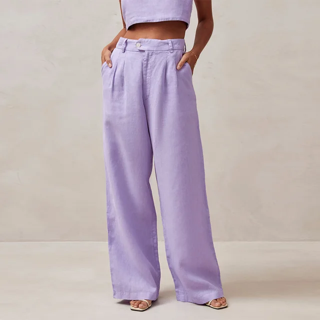 Pure Linen High Waist Drooping Straight leg Pants Ladies Purple - Shop at LoveMi