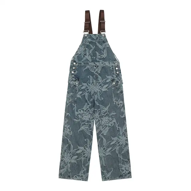 Flower Jacquard Denim Suspender Pants Men Blue - Shop at LoveMi