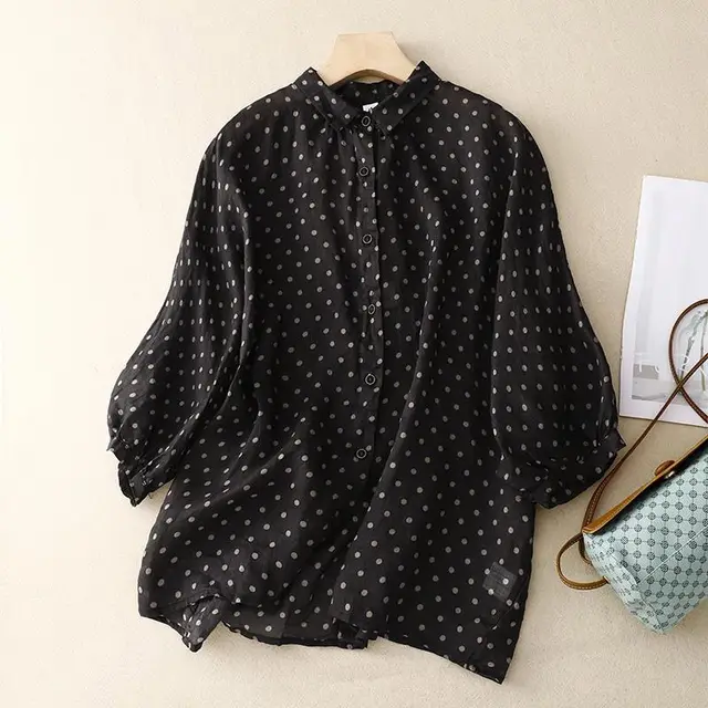 National Style Literary Style Lightweight And Slightly Transparent Polka dot Loose fitting Linen Shirt Black - Shop at LoveMi