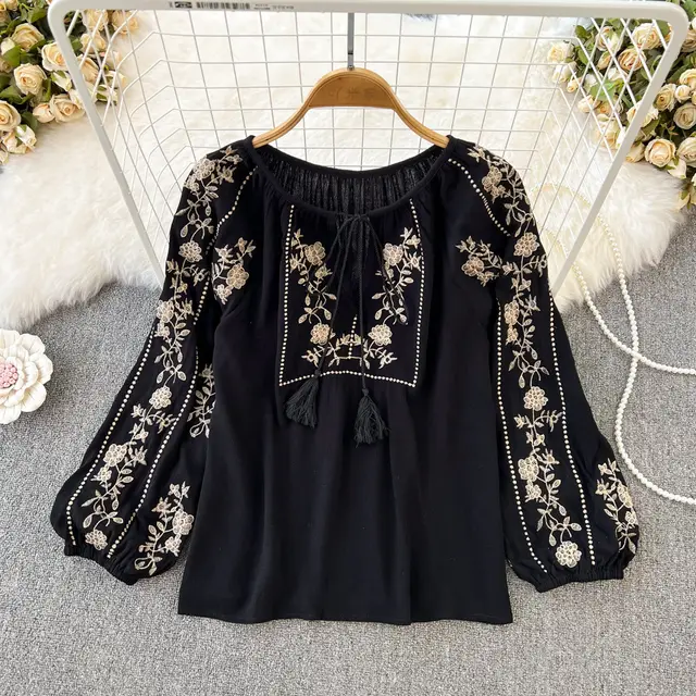 Retro Ethnic Style Temperament Long Sleeve Round Neck Pullover Embroidery Loose Shirt Black - Shop at LoveMi
