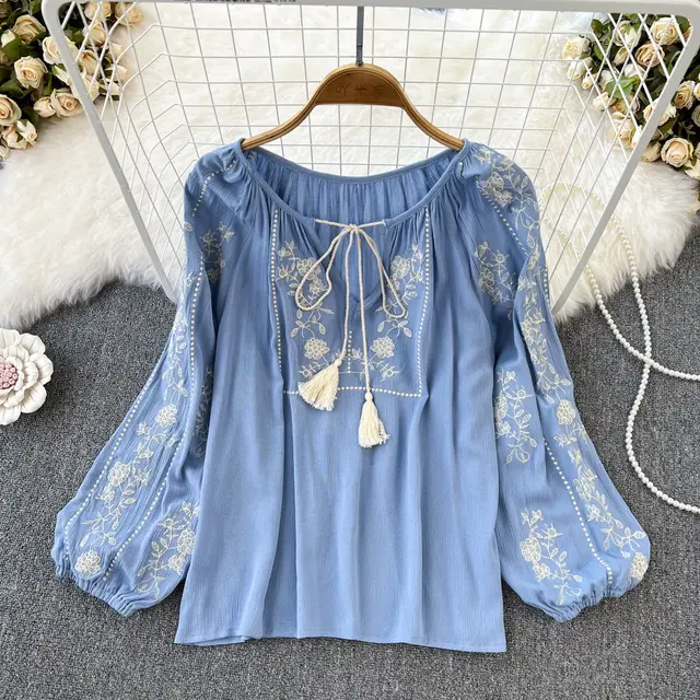 Retro Ethnic Style Temperament Long Sleeve Round Neck Pullover Embroidery Loose Shirt Blue - Shop at LoveMi