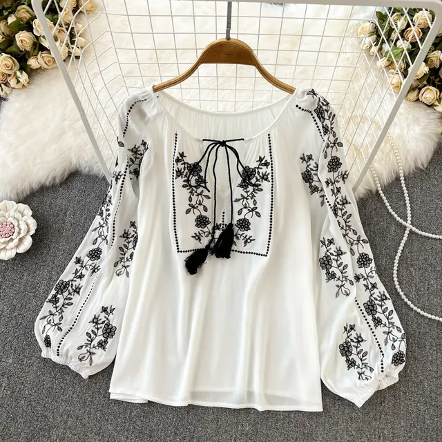 Retro Ethnic Style Temperament Long Sleeve Round Neck Pullover Embroidery Loose Shirt White - Shop at LoveMi