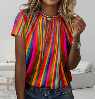 Summer Floral Print Round Neck T-shirt - Black Line C306