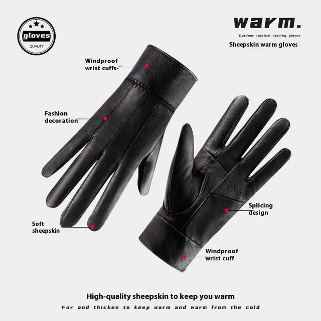 Genuine Leather Gloves For Men Women Fleece Lined Padded Warm Keeping Sheepskin Gloves Black - Shop at LoveMi