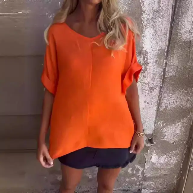 Women's Solid Color Versatile V neck Loose Fitting Shirt Orange Red - Shop at LoveMi