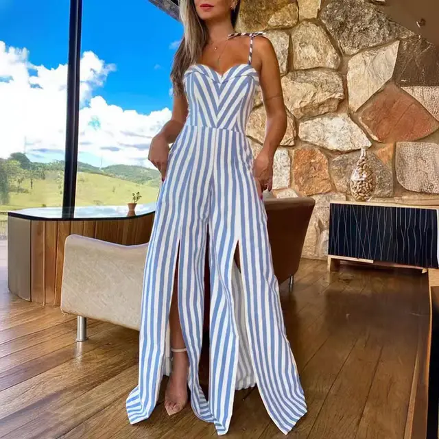 Women's Summer Lace up Slit Striped Jumpsuit Blue - Shop at LoveMi