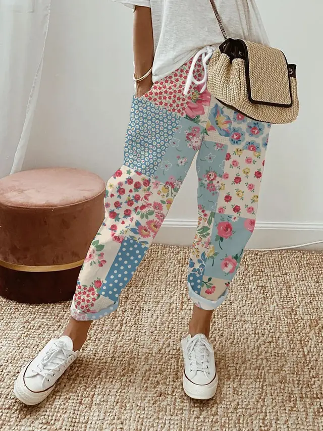 Women's Creative Flower Adjustable Waist Trousers High Waist Straight Pants Xxxxl - Shop at LoveMi