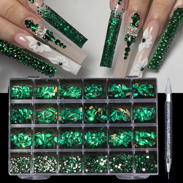 Manicure 24 Grid Diamond Jewelry Suit 03 Dark Green - Shop at LoveMi