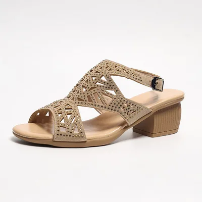 Summer Female Chunky Heel Rhinestone Hollow Out Peep toe High heeled Sandals Khaki - Shop at LoveMi