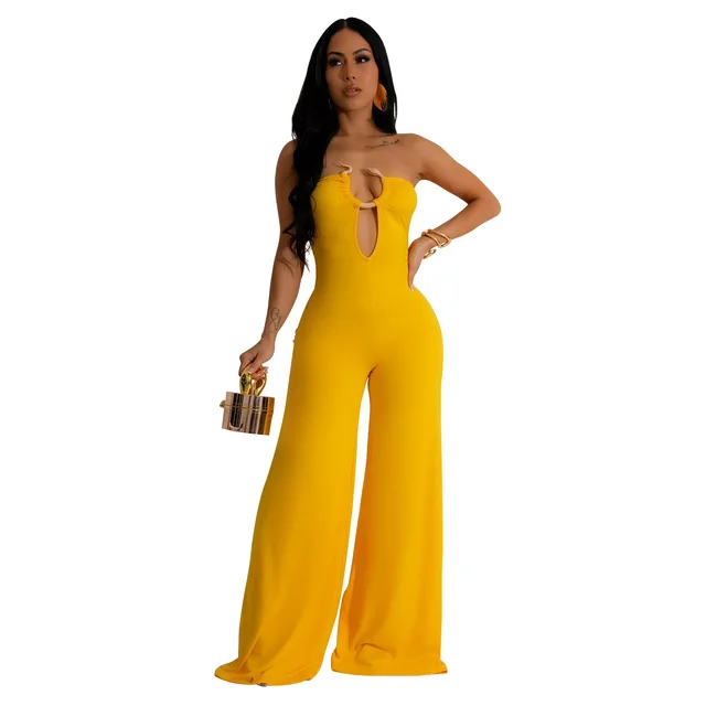 Women's Solid Color Fashion Trousers Jumpsuit Yellow - Shop at LoveMi
