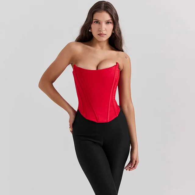 Women's Tube Top Vest Corset Short Cropped Navel Strap Corset Fishbone Top Red - Shop at LoveMi