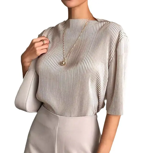 Vertical Striped Puff Sleeve Slim Knitwear Short Sleeve Top Apricot - Shop at LoveMi