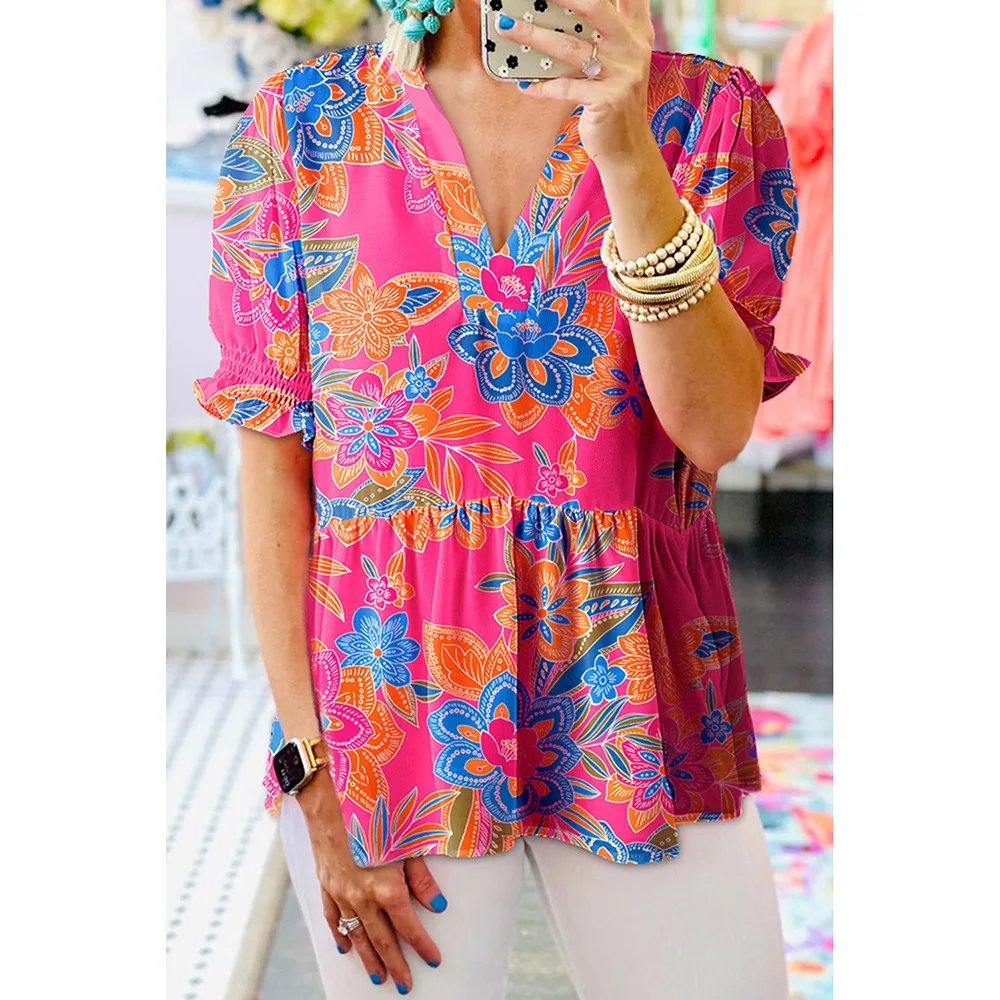 European And American Printed Top Puff Sleeve V-neck Short Sleeve Shirt - Red