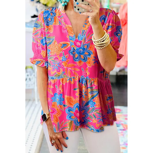 European And American Printed Top Puff Sleeve V neck Short Sleeve Shirt Red - Shop at LoveMi