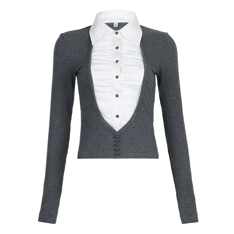 College Style False Two piece Patchwork Pleated Top Gray - Shop at LoveMi