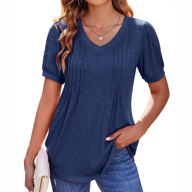 Women's Tops V neck Loose Stripes Short Sleeve Navy Blue - Shop at LoveMi