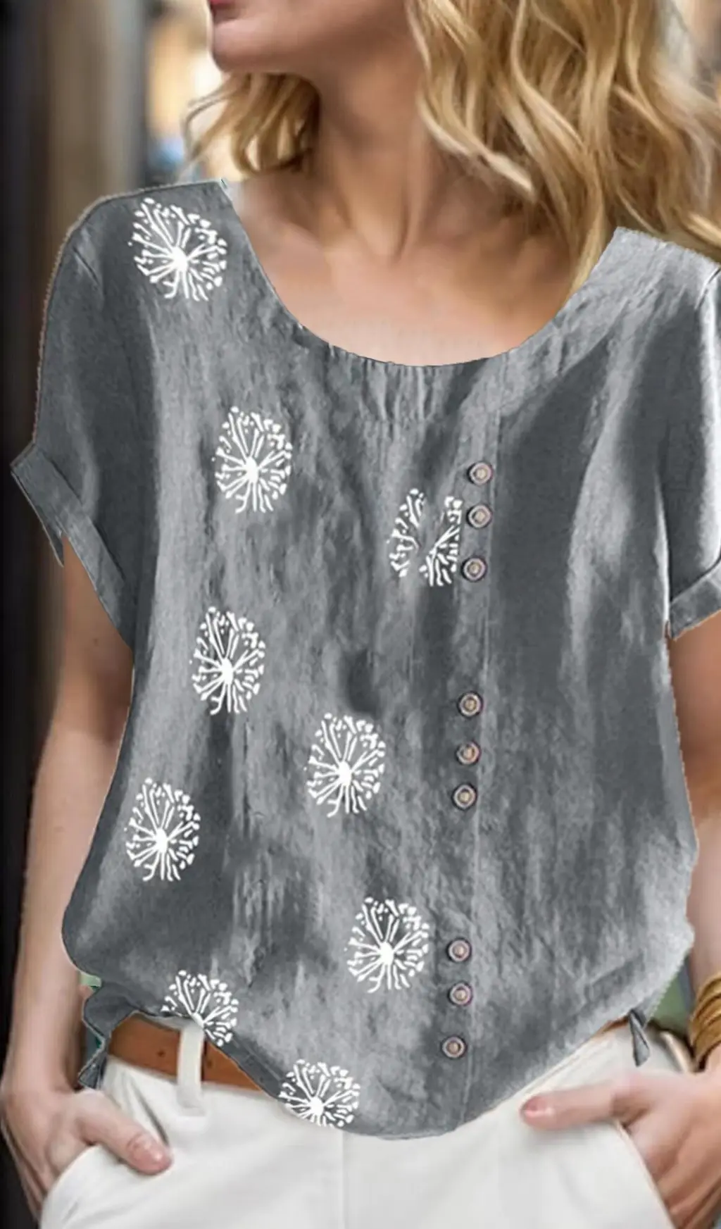 Women's Top Clinch Vintage Cotton And Linen Printing - Gray