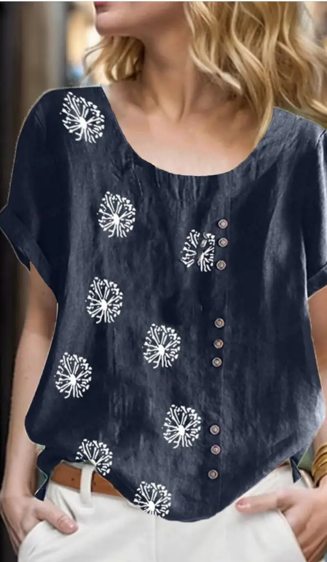 Women's Top Clinch Vintage Cotton And Linen Printing Navy Blue - Shop at LoveMi