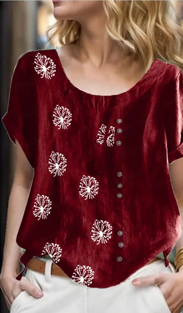 Women's Top Clinch Vintage Cotton And Linen Printing Wine Red - Shop at LoveMi