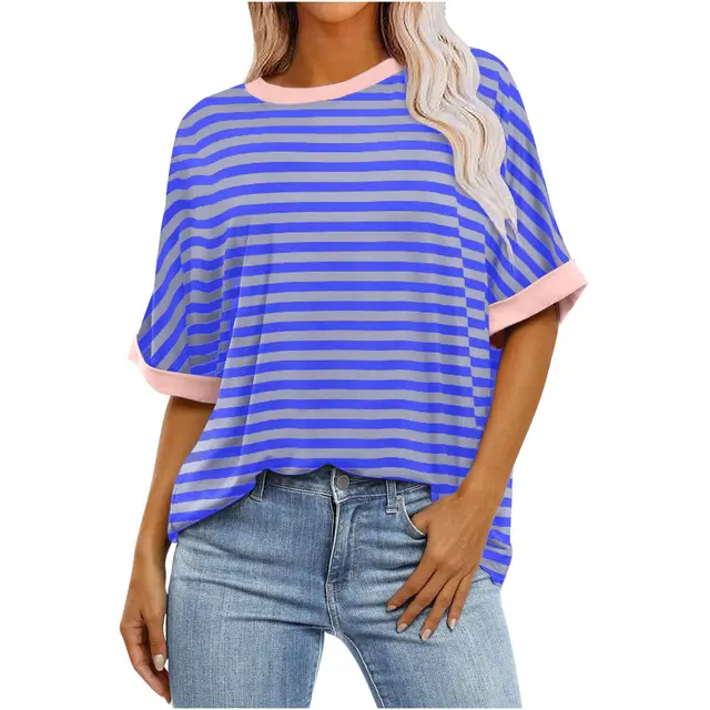 Women's Striped Printed Loose Color Matching Short Sleeve Blue - Shop at LoveMi