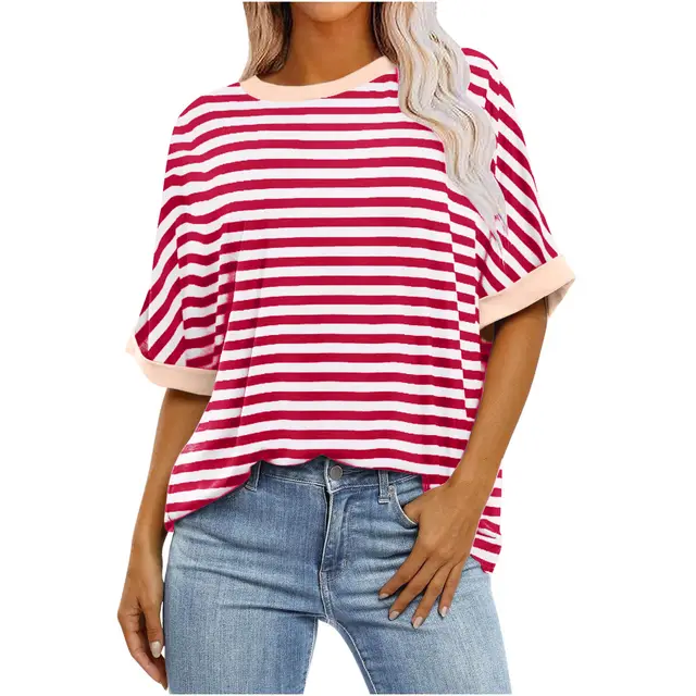 Women's Striped Printed Loose Color Matching Short Sleeve Red - Shop at LoveMi