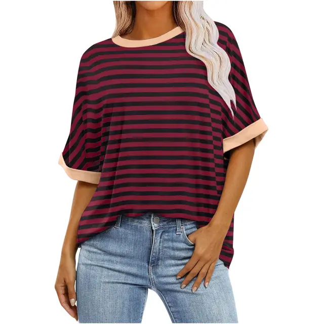 Women's Striped Printed Loose Color Matching Short Sleeve Wine Red - Shop at LoveMi