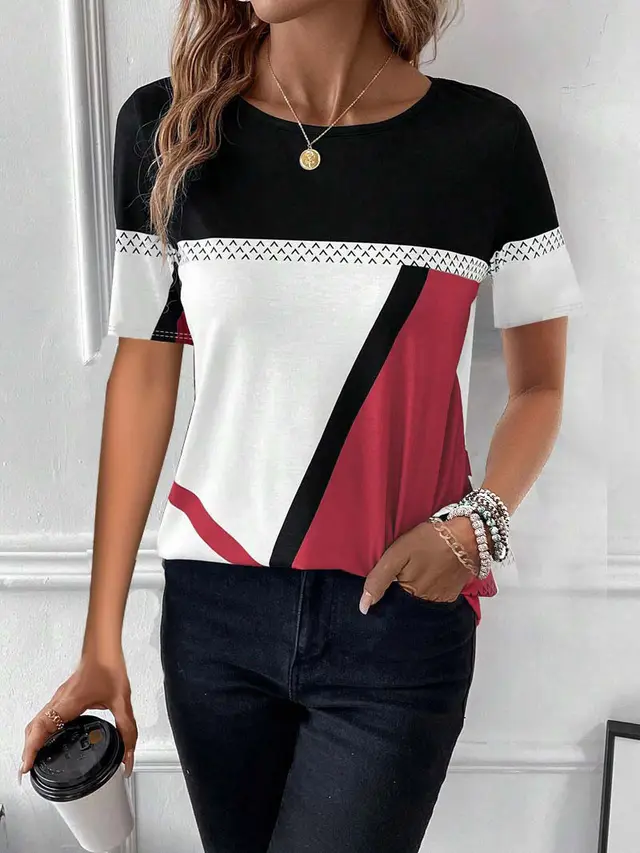 Women's Round Neck Geometric Print Short Sleeve Black And Red - Shop at LoveMi