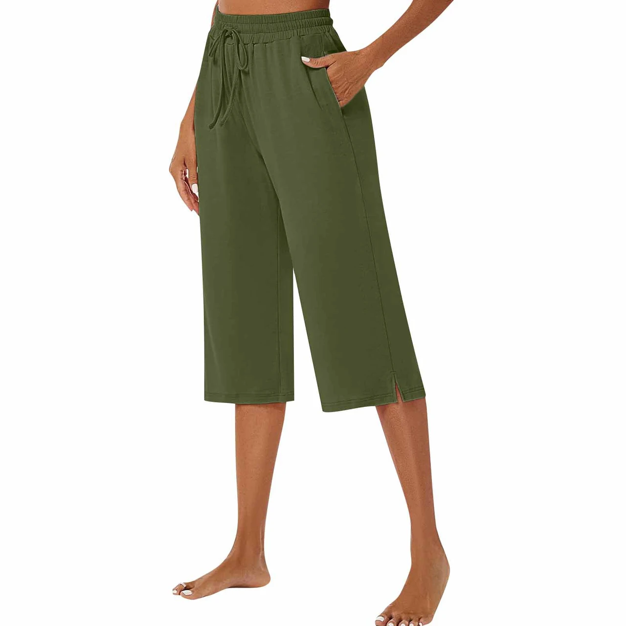 European American Polyester Wide-leg Pants Women's Casual Pants Artistic Retro Drape Slim Shorts - Army Green