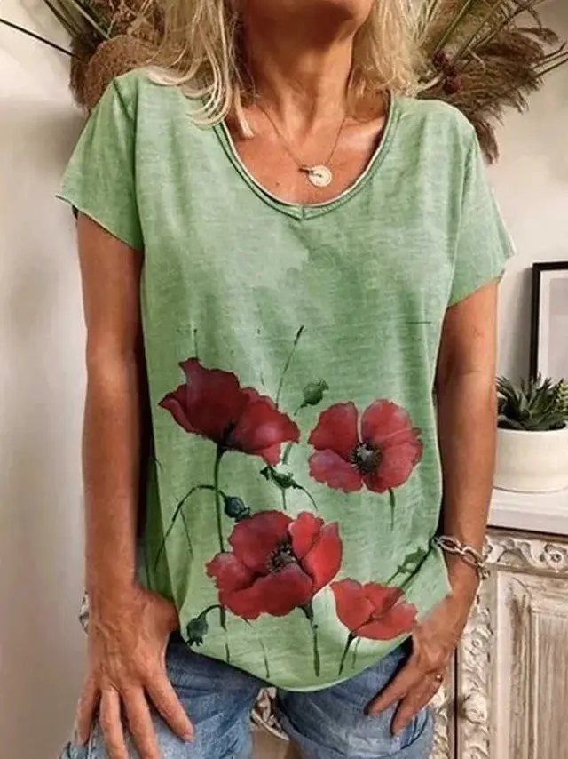 Women's Summer Casual Color Loose Sports Style 3D Printed Short Sleeve V neck T shirt F169Z535 - Shop at LoveMi