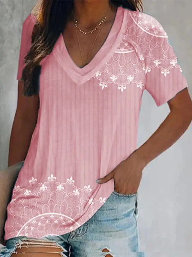 Women's Summer Casual Color Loose Sports Style 3D Printed Short Sleeve V neck T shirt F169Z565 - Shop at LoveMi
