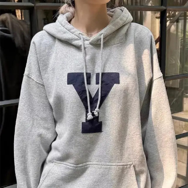 American Letter Patch Hooded Gray Sweater For Women Terry Style - Shop at LoveMi