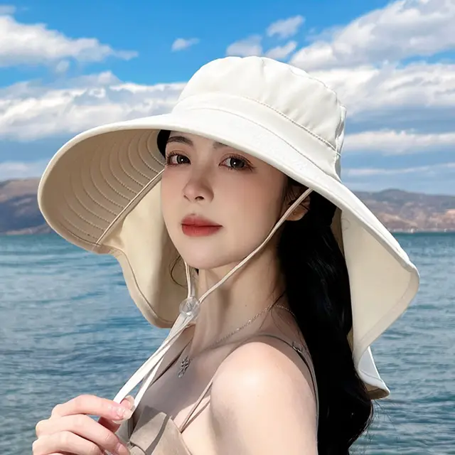 Sun Hat Big Brim Cover Face Summer UV Protection Shawl Bucket Hat Sun Protection Hat Champagne Rice - Shop at LoveMi