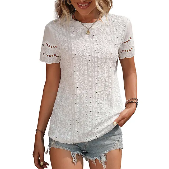 Women's Fashion Summer Solid Color Round Neck Short Sleeves T shirt White - Shop at LoveMi
