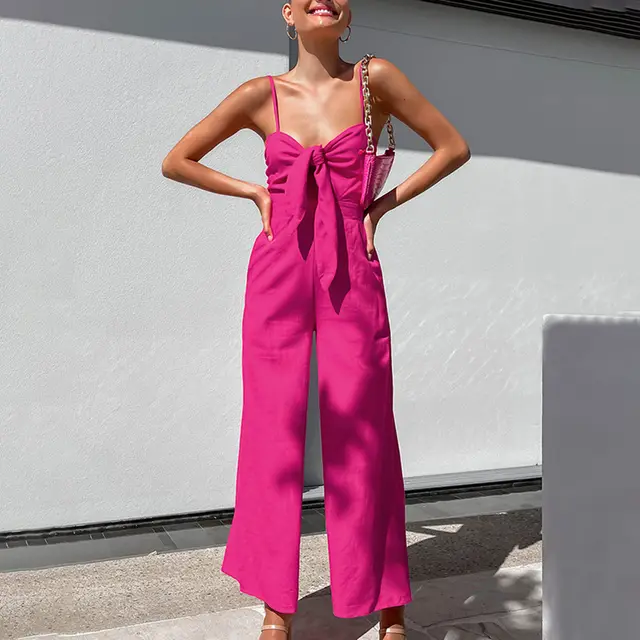 Sling Wide leg Jumpsuit Women's Fashion Casual Loose Bodysuit Pink - Shop at LoveMi