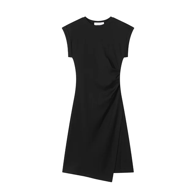 Crimp Waist Split Thread T shirt Dress Women's Round Neck Top Black - Shop at LoveMi
