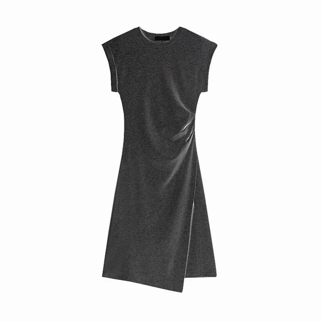Crimp Waist Split Thread T shirt Dress Women's Round Neck Top Dark Gray - Shop at LoveMi