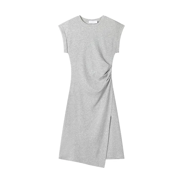 Crimp Waist Split Thread T shirt Dress Women's Round Neck Top Gray - Shop at LoveMi