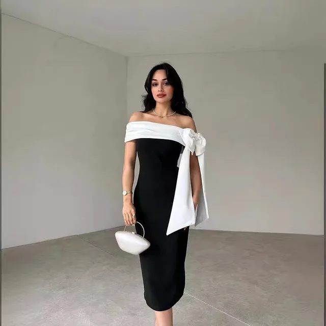 Women's Off shoulder Bow Black And White Color Matching Elegant Cocktail Dress Black And White - Shop at LoveMi