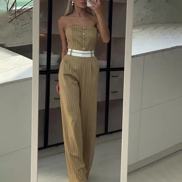Summer Tube Top High Waist Jumpsuit Off Shoulder Striped Wide leg Pants Women Matcha - Shop at LoveMi