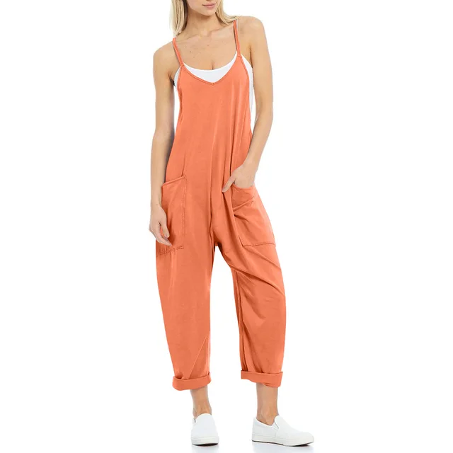 Women's Pocket Spaghetti Straps Knitted One piece Trousers Add Orange - Shop at LoveMi