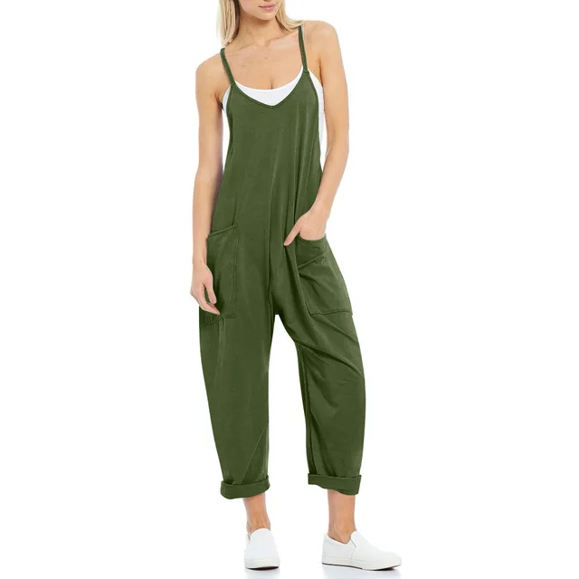 Women's Pocket Spaghetti Straps Knitted One piece Trousers Army Green - Shop at LoveMi