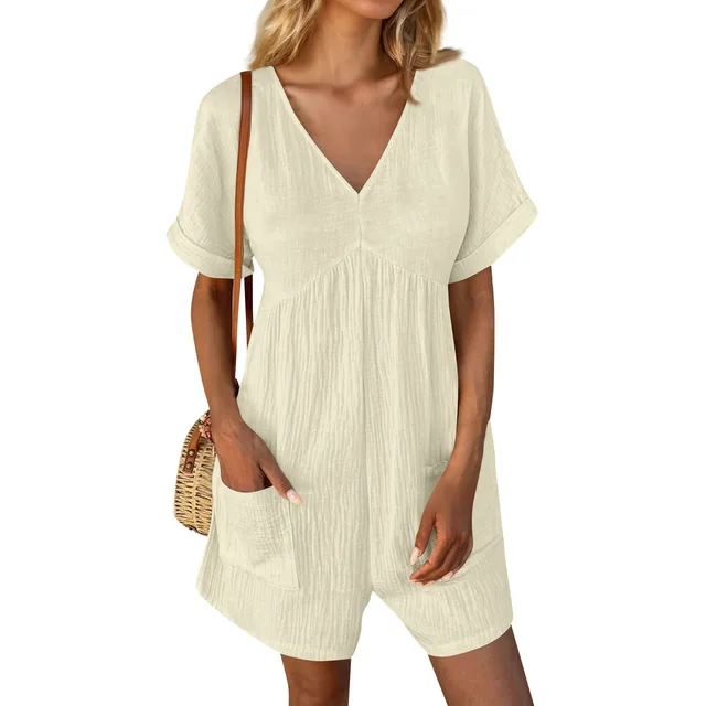 European And American Fashion Solid Color And V neck Loose Bat Sleeve Pocket Zipper Short Sleeve Jumpsuit Beige - Shop at LoveMi