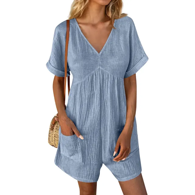 European And American Fashion Solid Color And V neck Loose Bat Sleeve Pocket Zipper Short Sleeve Jumpsuit Light Blue - Shop at LoveMi