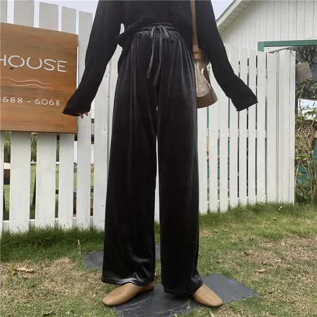 Draping Effect Gold Velvet Spring And Autumn Loose High Waist Straight Mopping Pants Gray - Shop at LoveMi