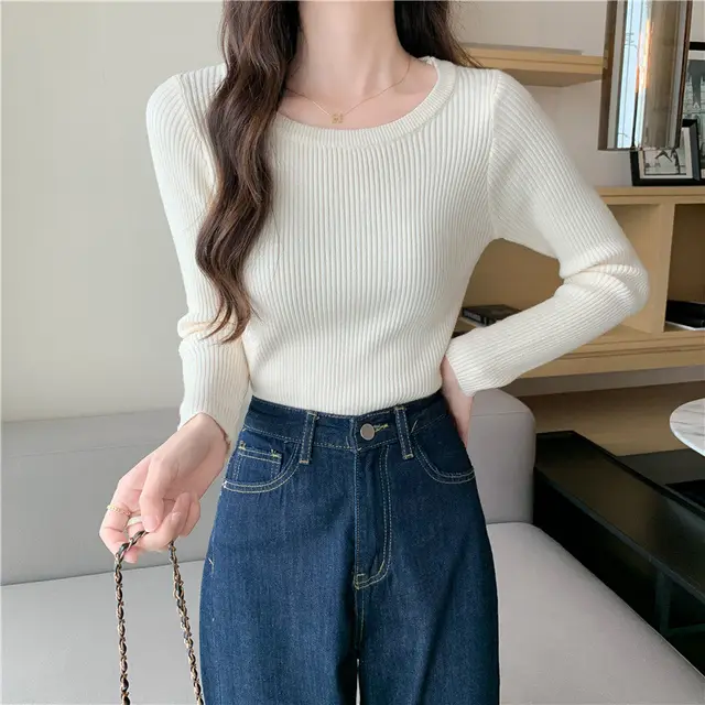 Tight Round Neck Long Sleeves Inner Wear Bottoming Sweater Apricot - Shop at LoveMi