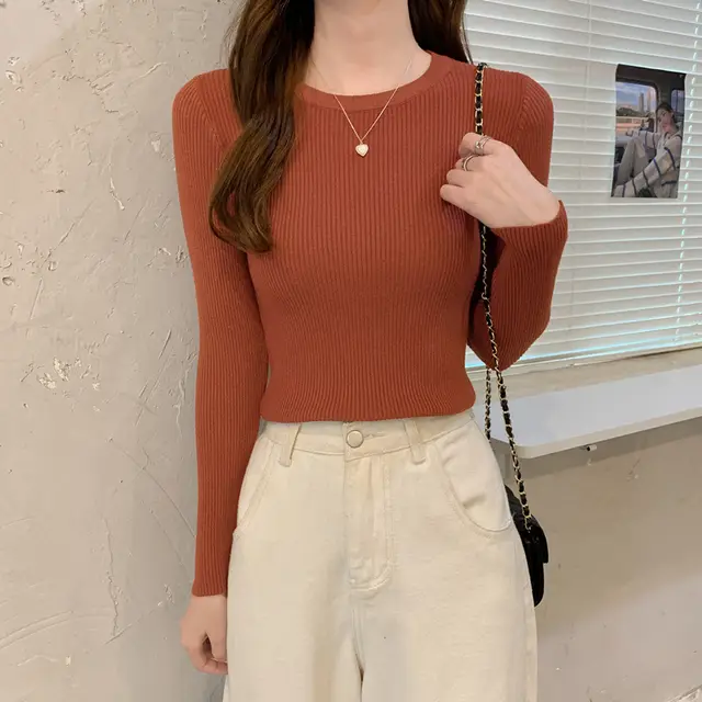 Tight Round Neck Long Sleeves Inner Wear Bottoming Sweater Caramel Color - Shop at LoveMi