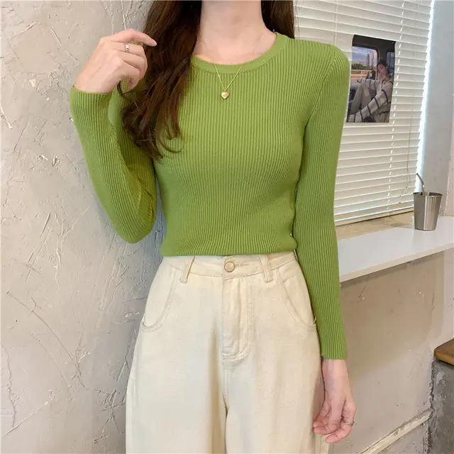 Tight Round Neck Long Sleeves Inner Wear Bottoming Sweater Green - Shop at LoveMi