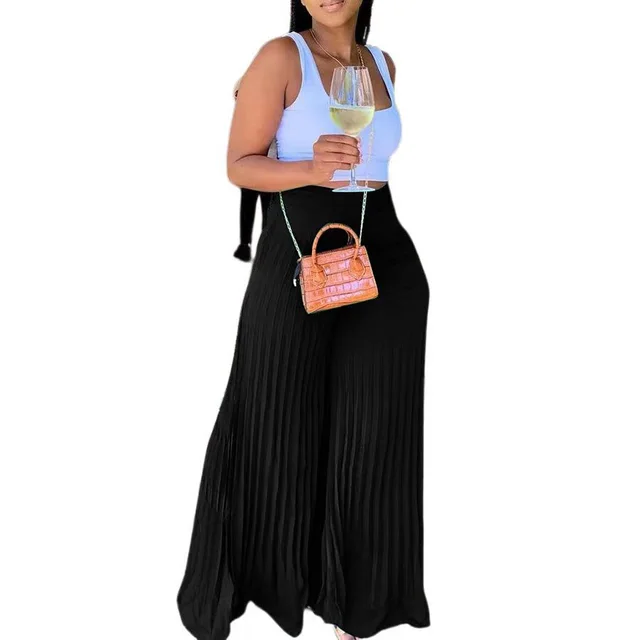 Women's Summer Pleated Chiffon Solid Color Wide leg Pants Black - Shop at LoveMi