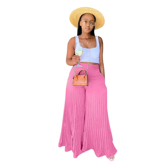 Women's Summer Pleated Chiffon Solid Color Wide leg Pants Pink - Shop at LoveMi